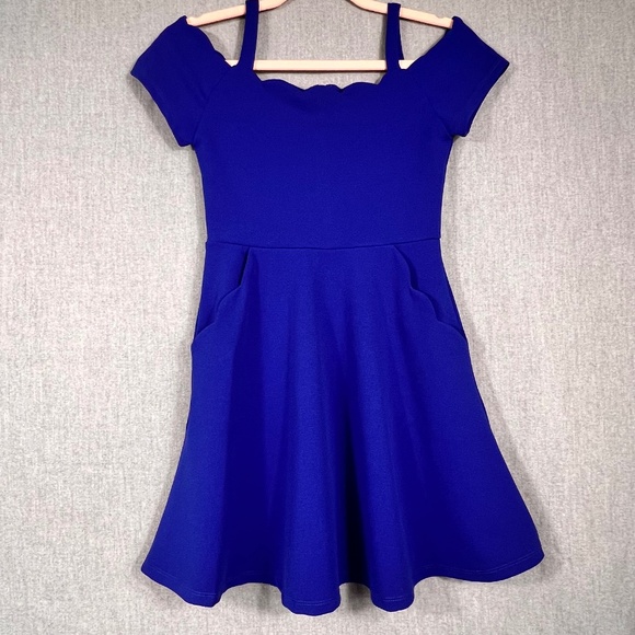 Rare Editions Scallop Neck Fit and Flare Mini Dress Sz 10 Royal Blue Pockets - Picture 1 of 12
